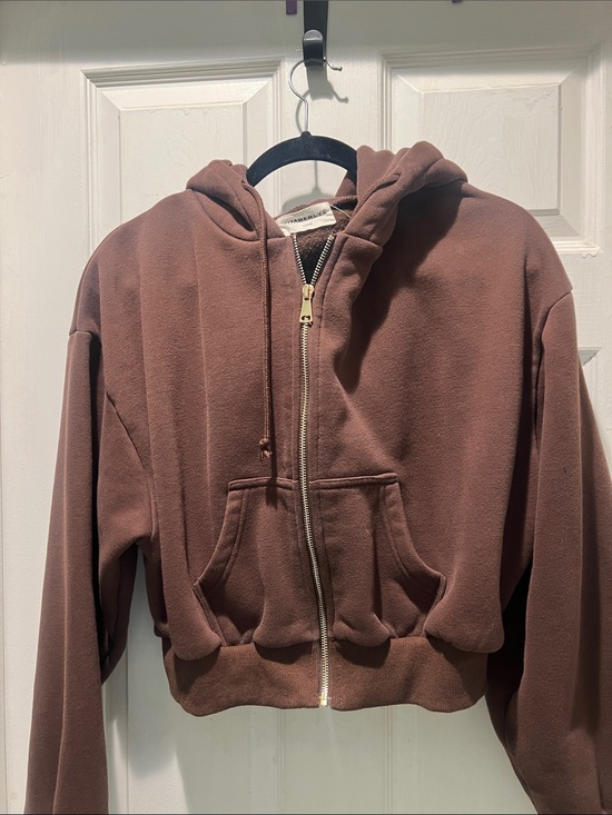 Kimberly C Tops - Zip-Front Brown Hooded Sweatshirt